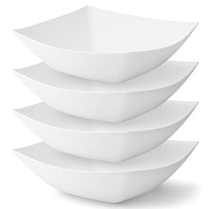4 Pack Disposable White Plastic Party Bowls, Square Serving Bowls 32oz | Square Design. Disposable Party Tableware. Salad, Fruit & Candy Use. Candy Buffet Containers. White Plastic. - color: White, size: 32 OUNCE