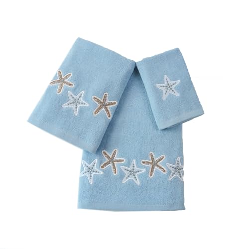 Marina Decoration Premium Luxury Decor Ultra Soft 100% Cotton Embroidered Bathroom Modern 3 Piece Towel Set, Starfish with Blue Base Pattern - color: Starfish With Blue