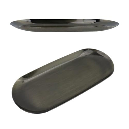 Dnyta 2Pcs Stainless Steel Decorative Tray for Bathroom and Dresser Counter | Decor Jewelry Dish, Decor Makeup Serving Trays for Cosmetics Keys Watch Wallet Trinket (9"x3.8", Oval, Bronze) - style: Oval retro bronze style (2pcs)