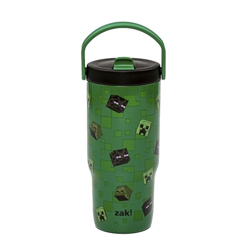 Zak Designs Minecraft Siply 20oz Leak-Proof Flip-Up Straw Insulated Tumbler | BPA Free, Stainless Steel, Handle, Cupholder Friendly, Dishwasher Safe, Kids Water Bottle, Reuseable For School, Home, Travel - color: Minecraft