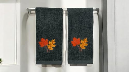 Harvest Fall Fingertip Towels for Bathroom: Autumn Plush Dark Grey Gray Autumn Leaf Design, 100% Cotton Towels, Set of 2, 12" x 18" - color: Autumn Leaf Grey