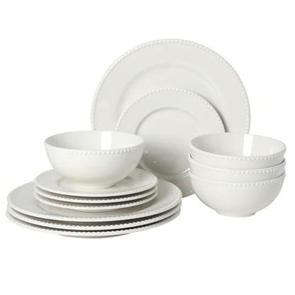 Gibson Home Caviara Plates and Bowls Set, 12-Piece Dinnerware Set, White Round Beaded Rim Ceramic Dish Set, Dinner Plates, Salad Plates & Cereal Bowls - color: White (Caviara)