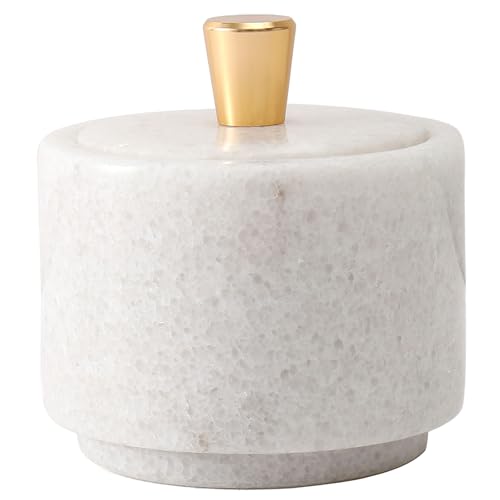 Marble Salt Cellar with Lid and Brass Knob 3.15" Spice box Salt Container Seasoning Jar for Kitchen tone Salt Holder for Counte-Ideal for Sea Salt, Spices and Herbs (White) - color: White
