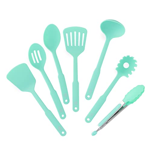 GreenLife Cooking Tools and Utensils, 7 Piece Nylon Set including Spatulas Turner Spoons and Tongs, Dishwasher Safe, Turquoise - color: Turquoise