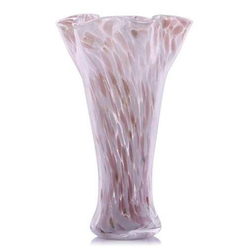 9.0" H Pink Glass Vases for Flower, Unique Hand Blown Glass Vase | Wide Mouth Colorful Flower Vase for Bouquet or Centerpieces, Coastal Vases for Living Room Table Bookshelf, Shelf Decorative - color: Pink
