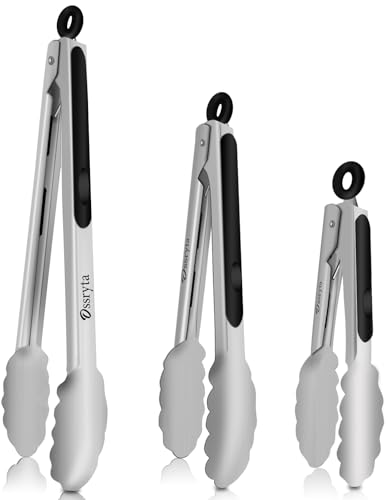 Stainless Steel Cooking Tongs Set of 3 - Heavy Duty 12/9/7 Inch Locking Tongs, Heat Resistant to 600 Degrees, Food Grade Kitchen Metal Tong for Food, Salad, & BBQ - Dishwasher Safe - color: Silver 3 Pieces, size: 7+9+12 inch