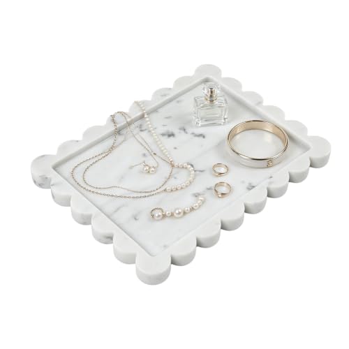 Scalloped Marble Tray 10.8" x 8", Marble Vanity Tray for Jewelry Trinket Cosmetics Perfume Candle, Luxury Decorative Trays for Bathroom Kitchen Dresser Countertop, Carrara White - color: Bianco Carrara, size: 10.8" x 8" x 0.7"
