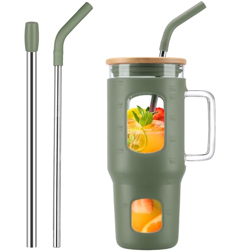 WINSA Glass Tumbler with Lid, 32 oz Glass Cup with Handle, Glass Water Bottles with Time Marker, 2 Straws - Pearl Straw & Silicone Protective Sleeve - Olive - color: Olive, size: 32 Ounces