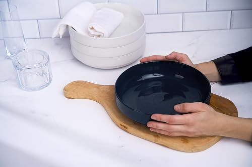 KooK Ceramic Large Pasta Bowls, Microwave and Dishwasher Safe, Great for Soups and Salads, Shallow Serving Bowls, Glossy Porcelain, 47 oz, Set of 4, Navy Blue - color: Navy Blue