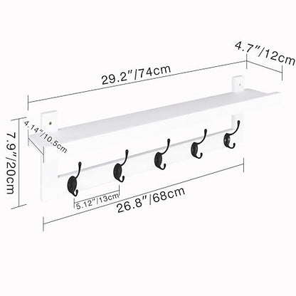 SMIBUY Coat Hooks with Shelf Wall-Mounted, 29.2 Inch Entryway Coat Rack for Wall, Bamboo Hanging Shelf with 5 Double Metal Hooks for Bathroom, Bedroom, Kitchen, Living Room (White + Black) - color: White + Black