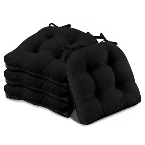 Basic Beyond Chair Cushions for Dining Chairs 4 Pack, Chair Cushion with Ties and Non Slip Backing, 15.5 x 15.5 inches Tufted Chair Pads for Dining Chairs(Black) - color: Black, size: 4 Count (Pack of 1)