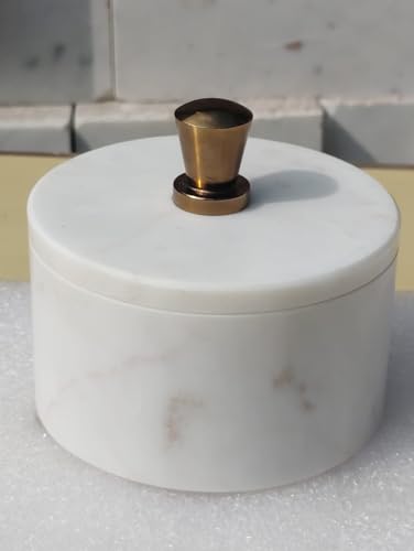 Marble Salt Cellar with Lid and Brass Knob | Natural Stone Salt Box for Kitchen Counter and Dining | Marble Spice Jar Holder for Cooking, Tabletop and Countertop Storage (4 X 3.5 Inch, White) - color: White with Brass Knob