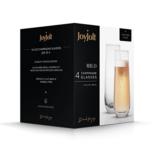 JoyJolt Milo Stemless Champagne Flutes Set of 4 Crystal Glasses. 9.4oz Champagne Glasses. Prosecco Wine Flute, Mimosa Glasses Set, Cocktail Glass Set, Water Glasses, Highball Glass, Bar Glassware - style: Clear