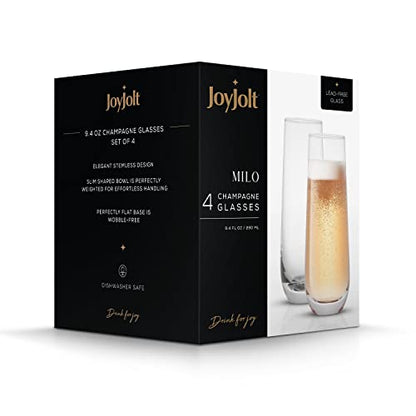 JoyJolt Milo Stemless Champagne Flutes Set of 4 Crystal Glasses. 9.4oz Champagne Glasses. Prosecco Wine Flute, Mimosa Glasses Set, Cocktail Glass Set, Water Glasses, Highball Glass, Bar Glassware - style: Clear