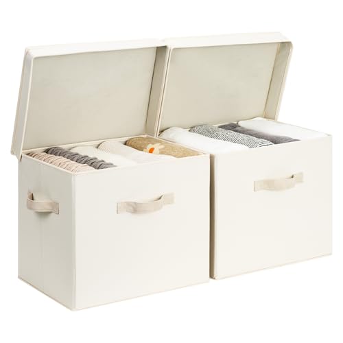 StorageWorks Storage Bins with Lid, Decorative Fabric Storage Bins with Handles, Stackable Closet Organizers for Shelves and Bedroom, Large, Beige(Cotton Linen), 2-Pack - color: Beige(Cotton Linen), size: 15"L x 11 ¼"W x 12 ½"H