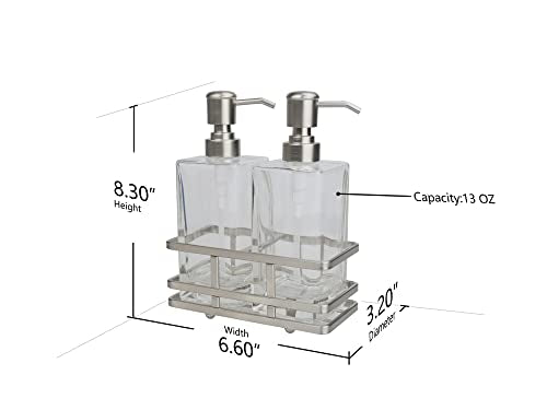 Square Glass Clear Lotion and Soap Pump Dispenser Set with Metal Stand Caddy for Bathroom Bath Kitchen Home Office Travel Hotel Hand Crafted Heavy Weight Nickel - color: Nickel
