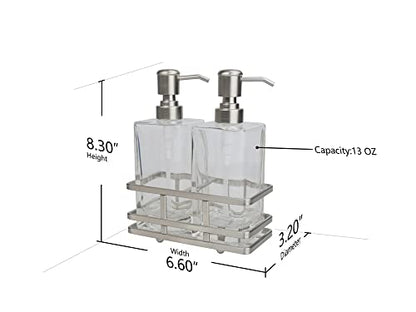 Square Glass Clear Lotion and Soap Pump Dispenser Set with Metal Stand Caddy for Bathroom Bath Kitchen Home Office Travel Hotel Hand Crafted Heavy Weight Nickel - color: Nickel