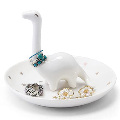 PUDDING CABIN White Dinosaur Ring Holder - Unique Jewelry Dish Tray for Rings, Earrings, Bracelets Organizer - Cute Gifts for Women, Girls, Her Birthday, Christmas, Wedding Gifts - style: White Dinosaur