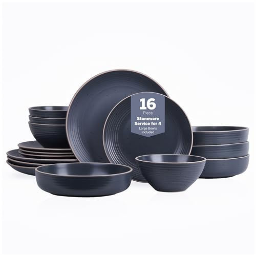 Stone Lain Lauren Modern Stoneware 16-piece Round Dinnerware Set, Plates and bowls Set, Dish set for 4, Charcoal - color: Charcoal, size: 16-Piece Service for 4