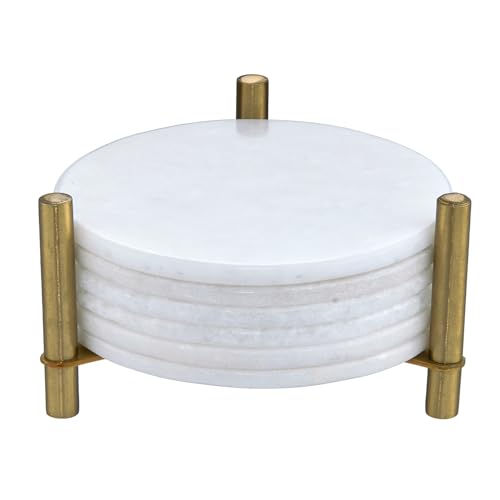 Queenza Marble Coasters for Drinks, Natural Stone Coasters Set for Coffee Table, Bar, Dining & Home Decor, Set of 6 Sleek 3.5-Inch, 5 mm Thick Tiles with Metal Holder, Polished from Both Sides
