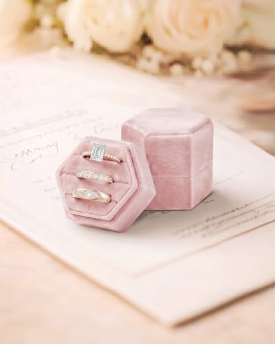 Velvet Jewelry Ring Box, 3 Slots Hexagon Engagement Wedding Ring Holder for Wedding Ceremony Proposal - color: Blush Peach