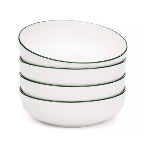 OTAGO 8" Stoneware Salad and Pasta Bowls Set of 4, Porcelain Ceramic Bowls with Green Rim, Microwave & Dishwasher Safe Tableware for Kitchen, Dinner & Dining - color: Green Rim, size: 4 Pieces