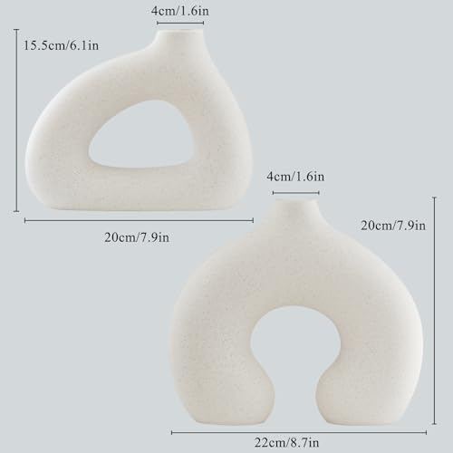COTYNI White Ceramic Vase Set of 2 for Modern Home Decor, Round Matte Donut Vases for Pampas Grass, Boho Nordic Minimalism Style Modern Flower Vases for Living Room Table Bookshelf Office Bedroom