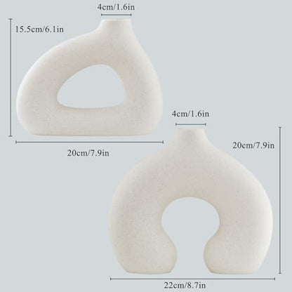 COTYNI White Ceramic Vase Set of 2 for Modern Home Decor, Round Matte Donut Vases for Pampas Grass, Boho Nordic Minimalism Style Modern Flower Vases for Living Room Table Bookshelf Office Bedroom