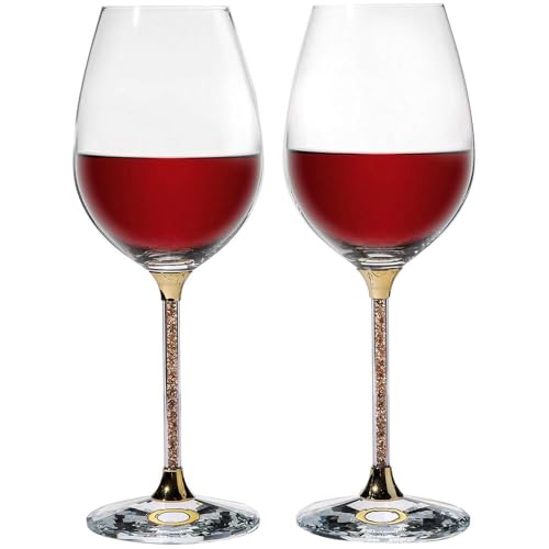 Matashi Crystal Wine Glasses Set of 2 (18.5 oz), Gold Crystal Filled Stem | Luxury Decorative Wine Glass Gift Set for Wedding, Anniversary, Elegant Red & White Wine Glasses