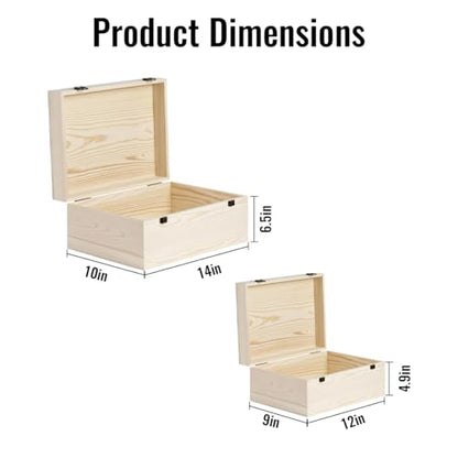 Large Unfinished Wooden Box 2 Pack Hinged Lid Pine Wood | 14x10.4x6.5/12x9x4.9 Inch, Storage Chests, Unpainted Crafts Organizer, 2 Sizes Boxes, For DIY Arts Gifts Jewelry Keepsake