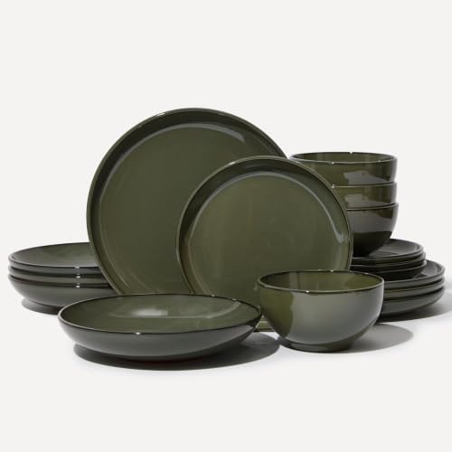 16 Piece Double Bowl Dinnerware Sets with Pasta Bowls, Highly Chip and Crack Resistant Plates and Bowls Sets, Natural Earthyware Ceramic Dishware Sets, Service for 4 Blackish Green - color: Blackish Green, size: 16pcs (for 4)