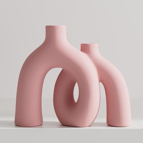 Hug Donut Decorative Vase Set - Light Pink Modern Glam Eclectic Style Vases Home Decor, Matte Ceramic Decorations for Living Room Shelf, Bookshelf Mantle Entryway Table or Console Décor(Pink) - color: Pink