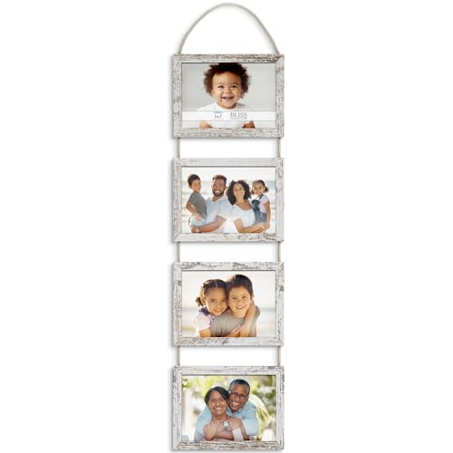 5x7 Wall Hanging Picture Frames Collage with 4 Openings - Distressed White - Casual Style Engineered Wood Frames - Wall Mount Only - Bliss Collection - color: Distressed White, size: 5x7