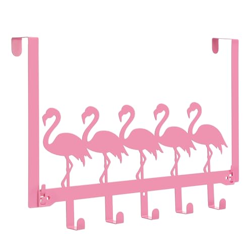 AceOrbit Pink Flamingos Over the Door Hooks Hanger Wall Mount Towel Hanger Door Holder Organizer 5 Hooks Farmhouse Rustic Kawaii Decor for Bedroom Bathroom Towel Hat Clothes - color: Pink, style: Flamingos