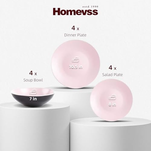 Stoneware Two-Tone Colors Life 12pc Dinner Set，Outside Shiny Black + Inside Matte Glaze Rose - color: Rose, size: 12pc Set