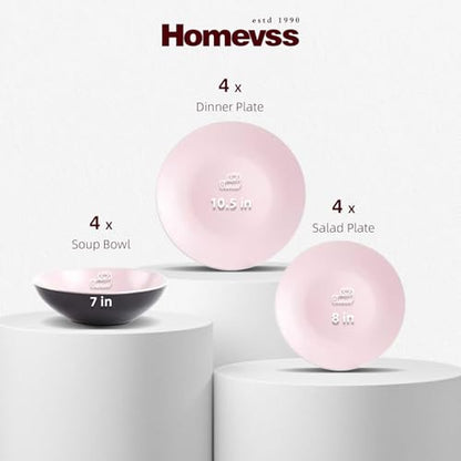 Stoneware Two-Tone Colors Life 12pc Dinner Set，Outside Shiny Black + Inside Matte Glaze Rose - color: Rose, size: 12pc Set