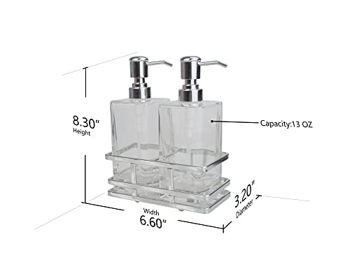Square Glass Clear Lotion and Soap Pump Dispenser Set with Metal Stand Caddy for Bathroom Bath Kitchen Home Office Travel Hotel Hand Crafted Heavy Weight Chrome - color: Chrome
