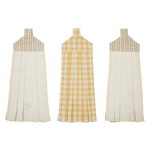 VHC Brands Cotton Buzzy Bees Button Loop Kitchen Towel Set of 3, Hanging Kitchen Towel, Distressed Appearance, Bath, Kitchen, Rectangle 21x7, Bee Kind, Grateful, Blessed, Vintage Yellow - color: Bee Grateful Bee Blessed Bee Kind