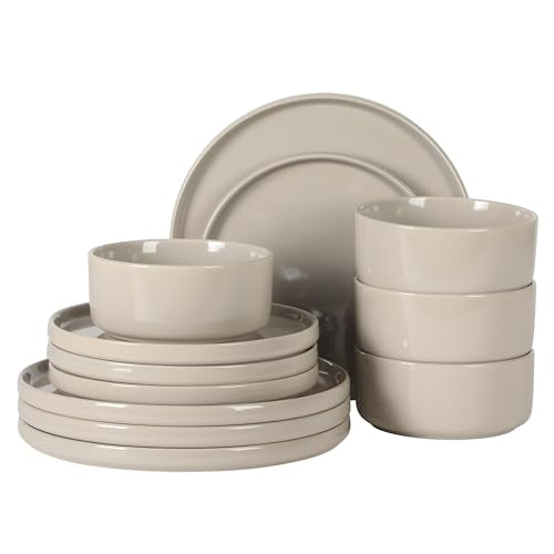 Gibson Elite Moonstone 12 Piece Modern Stoneware Dinnerware Set for 4, Grey Plates and Bowls Set, Dinner Plates, Salad Plates, Bowls - color: Grey (Moonstone), size: Service for 4 (12pcs)