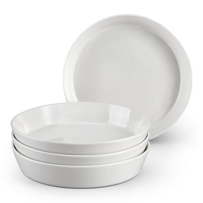 E-far Pasta Bowls, 34oz Stoneware Bowl Plate for Dinner Serving Soup Salad, Wide & Shallow Large Ceramic Pasta Plate Set of 4, Microwave & Dishwasher Safe, Speckled White, 8.7” - color: Speckled White
