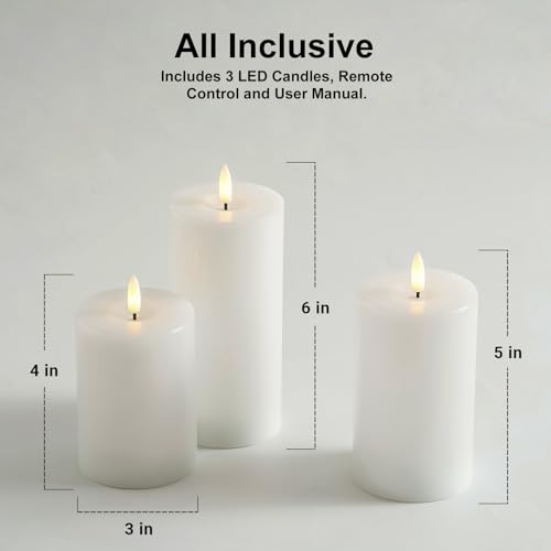 Stmarry White Flameless Candles with Remote and Timer, Real Wax Made LED Pillar Candles Battery Operated with 3D Flickering Flame - 3" x 4",5",6" - Set of 3 - color: White