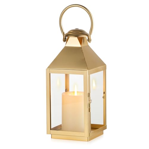 NUPTIO Gold Lanterns Decorative for Wedding, 11.2 Inch Lantern Decor | Tall Metal Candle Lantern with Glass for Outdoor Patio Porch Table Centerpiece Dining Room Mantel - color: Gold, size: Large