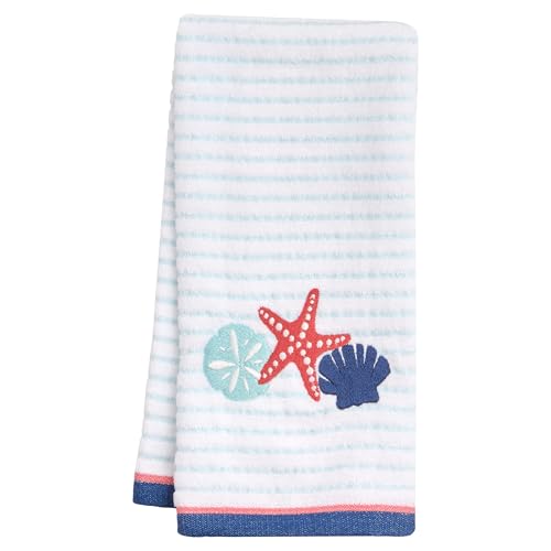 Ritz 2-Piece Cotton Velour Bathroom Hand Towel Set, Embroidered Seashell Trio Design, Light Blue Pinstripe Towels for Beach House, Lake Home, or Spa Decor, 16” x 26” - color: Seashell, size: 2-Pack Hand Towels