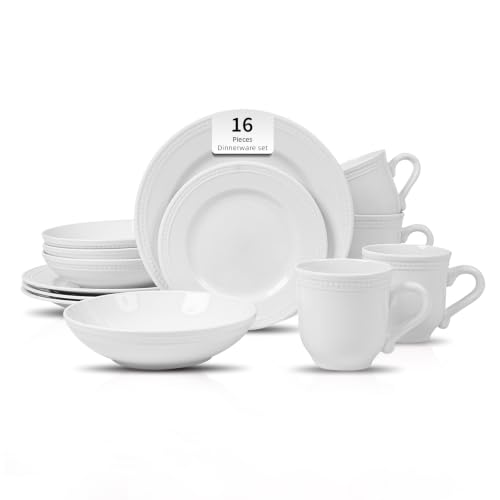 HomeVSS 16-Piece Pearl Dots Stoneware Dinnerware Set, White, Service for 4 | plates and bowls sets，dinnerware sets for 4,Pearl Dots Dinnerware，Microwave and Dishwasher Safe - color: White, size: 16pc Set