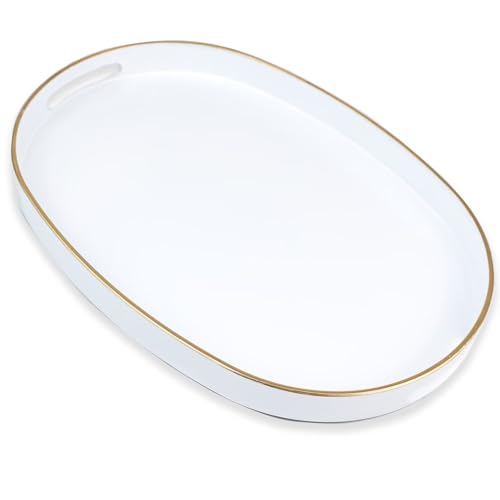 White Oval Decorative Tray with Handles, Versatile Serving Tray for Coffee Table, Ottoman, Ideal for Serving, Displaying, Organizing - color: Oval White, size: 15.5" x 10.6" x 1.4"