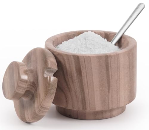 Marble Salt Cellar with Lid & Spoon 3" Brown Small Flaky Salt Box and Sugar Jar for Spice Storage on Countertop, Kitchen Seasoning Container - color: Natural Brown