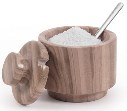 Marble Salt Cellar with Lid & Spoon 3" Brown Small Flaky Salt Box and Sugar Jar for Spice Storage on Countertop, Kitchen Seasoning Container - color: Natural Brown