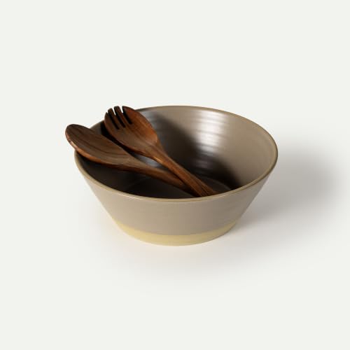 Mora Giant Salad Bowl Set with Wood Salad Servers, 4 qt Large Ceramic Serving Bowl for Salad, Pasta & Fruit, Microwave, Oven and Dishwasher Safe - Dusk - color: Dusk