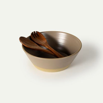 Mora Giant Salad Bowl Set with Wood Salad Servers, 4 qt Large Ceramic Serving Bowl for Salad, Pasta & Fruit, Microwave, Oven and Dishwasher Safe - Dusk - color: Dusk