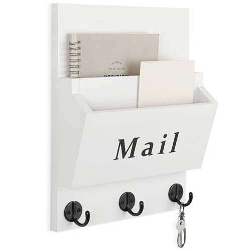 Mail and Key Holder, Wall Key Holder with 2 Mail Organizer Slot and 3 Hooks | Decorative 8.86" x 11.42" Mail Holder, Real Paulownia Wood with Keyhole Brackets, Hardware and Instructions - color: White